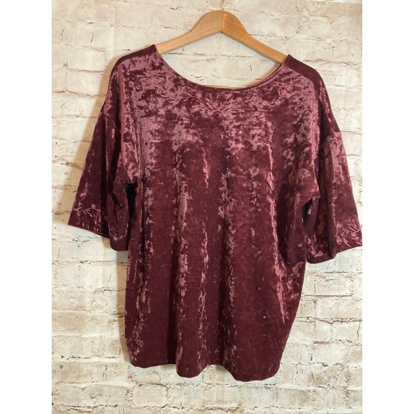 J. Jill Tops - J. Jill Velvet Top Womens Medium Dark‎ Mauve Embroidered Half Sleeve Coquette